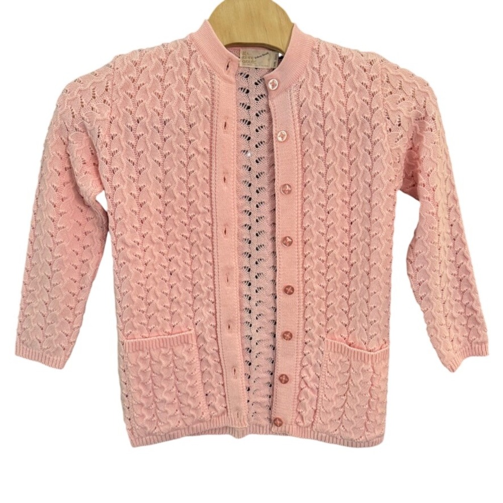 Vintage Its Pure Gould Sidney Gould Pink Pointelle Knit Cardigan Sweater USA